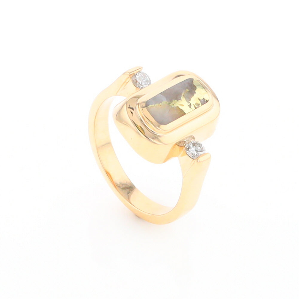 Gold Quartz Ring Oval Inlaid Design with .06ctw Round Diamonds