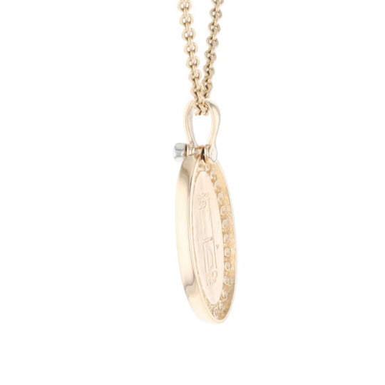 Gold Quartz Necklace .37ctw Halo Diamond Oval Inlaid Pendant