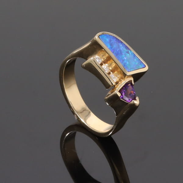 Opal Rings Geometric Inlaid with Amethyst and .08ctw Diamonds