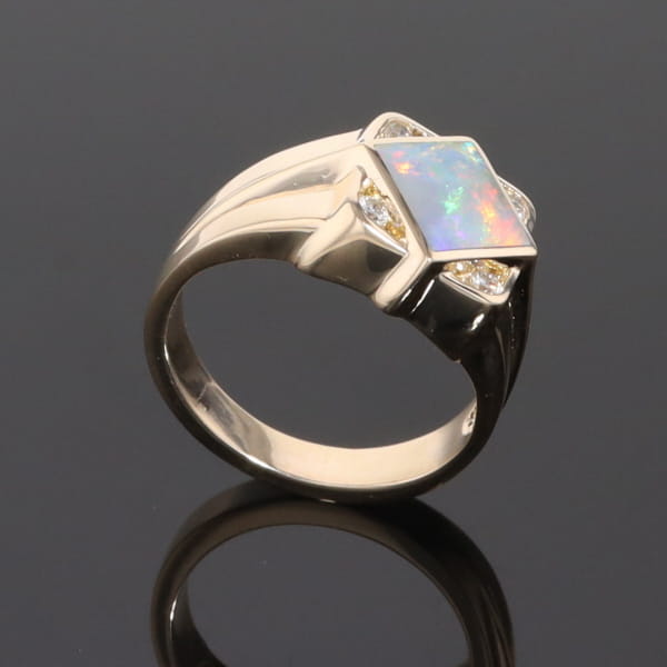 Natural Australian Opal ring diamond shape inlaid design with .16ctw round diamonds