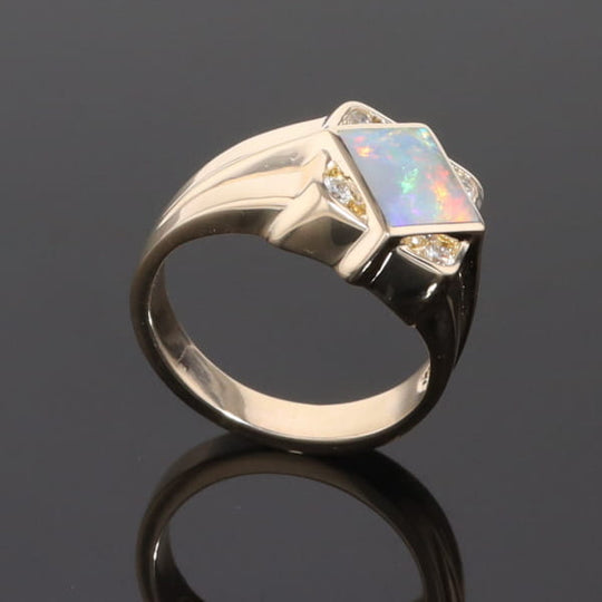 Natural Australian Opal ring diamond shape inlaid design with .16ctw round diamonds