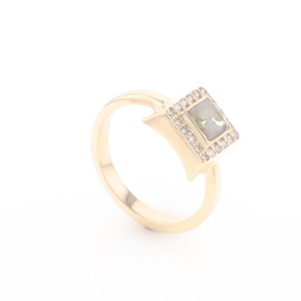 Gold Quartz Ring Square Inlaid Halo .14ctw Diamonds Design
