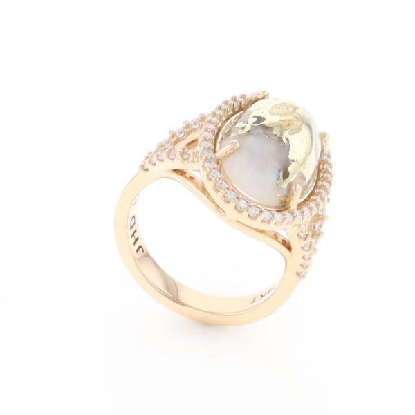 Gold Quartz Ring Oval Cabochon 0.65ctw Round Diamonds Halo