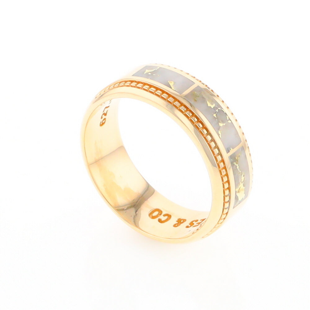 Gold Quartz Ring 3 Section Rectangle Inlaid Milgrain Border Band