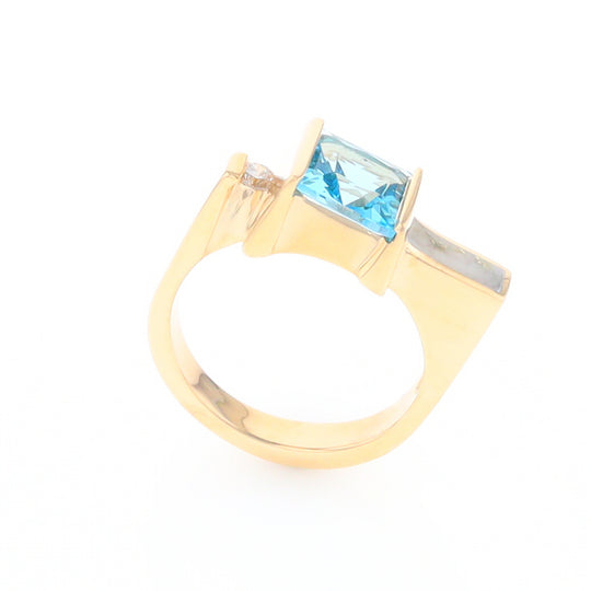 Gold Quartz Ring Rectangle Inlay Swiss Blue Topaz .06ct Round Diamond