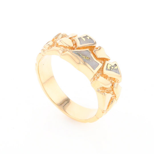 Gold Quartz Ring 3 Section Inlaid Nugget Design Band