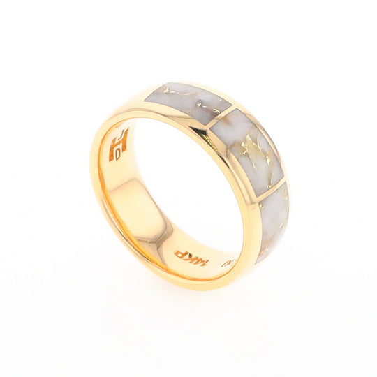 Gold Quartz Ring 3 Section Rectangle Inlaid Design Band