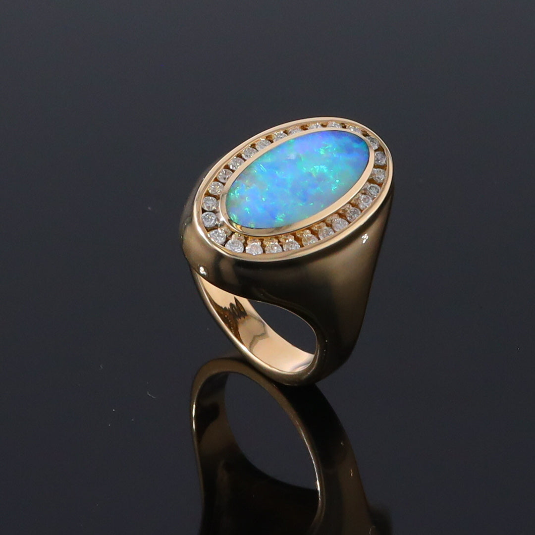 Opal Rings Oval Inlaid Design with .36ctw Round Diamonds Halo