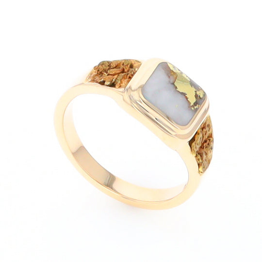 Gold Quartz Ring Square Inlaid Design Double Natural Nugget Sides