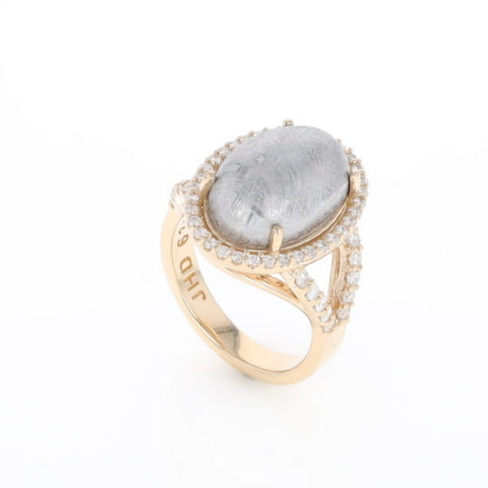 Meteorite Ring Oval Cabochon 0.65ctw Round Diamonds Halo