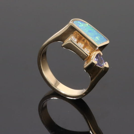 Opal Rings Geometric Inlaid with Tanzanite and .08ctw Round Diamonds