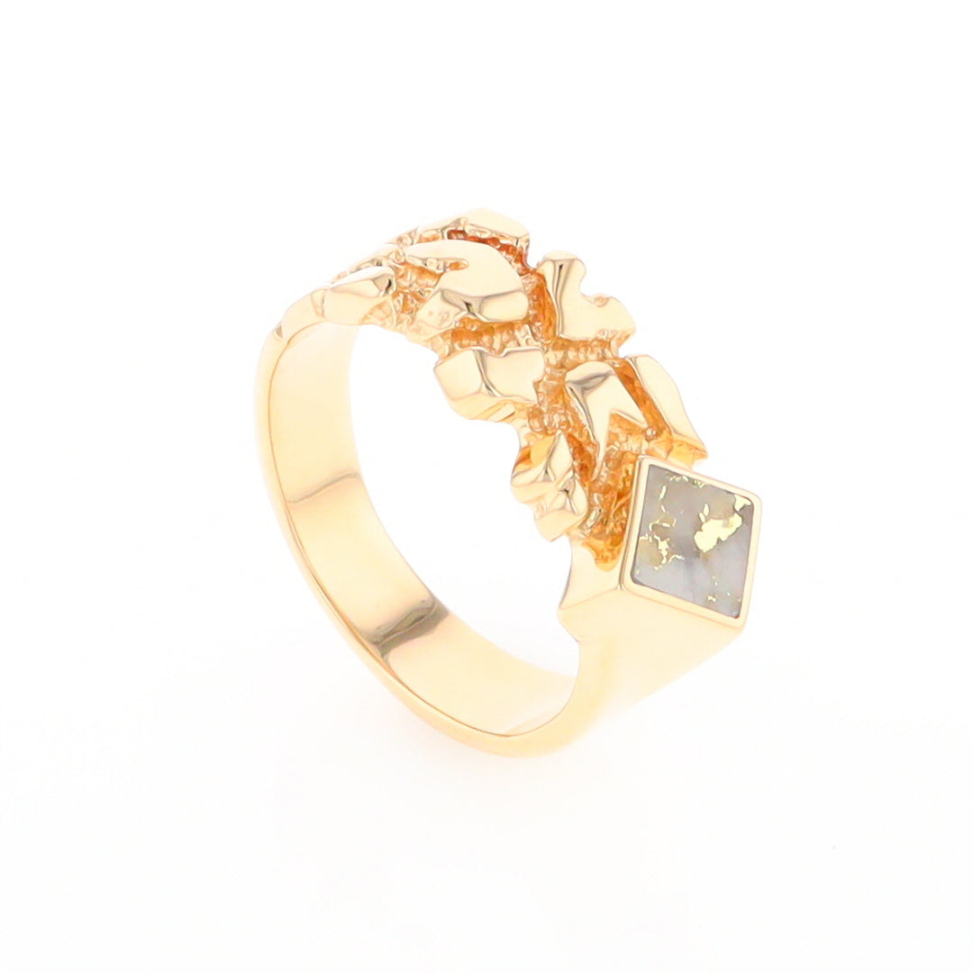 Gold Quartz Ring Diamond Shape Inlay Nugget Design Band