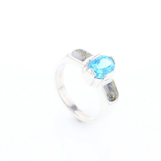 Sterling Silver Gold Quartz Inlaid Oval Blue Topaz Ring - G3