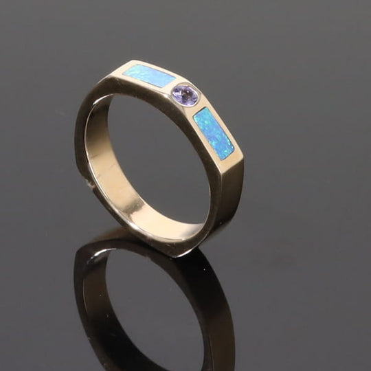 Opal Rings 2 Section Inlaid Design with Round Tanzanite
