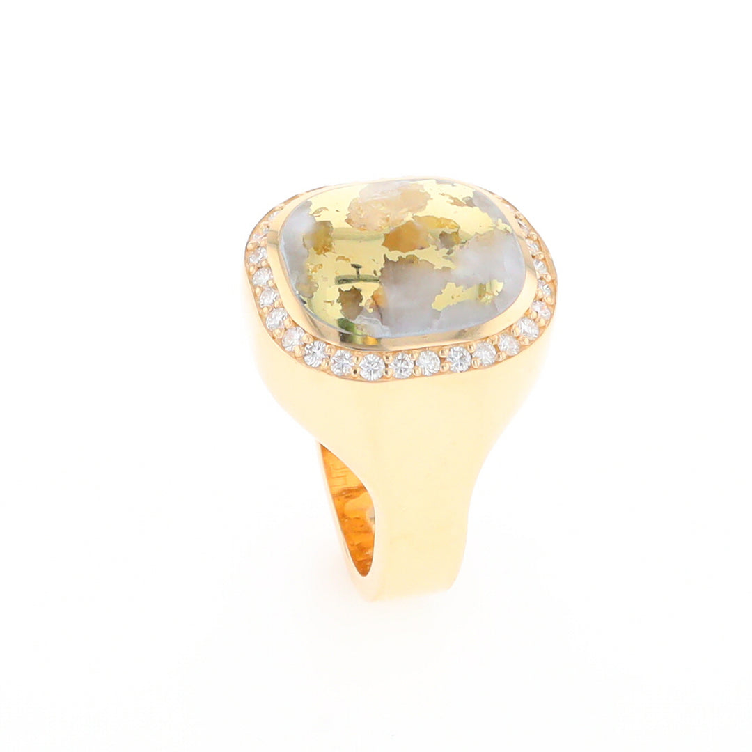 Gold Quartz Cushion Inlaid Men's Ring with Diamond Halo