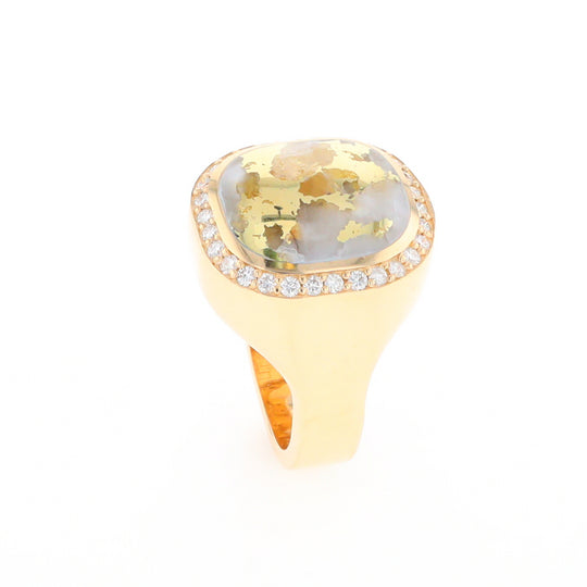 Gold Quartz Cushion Inlaid Men's Ring with Diamond Halo