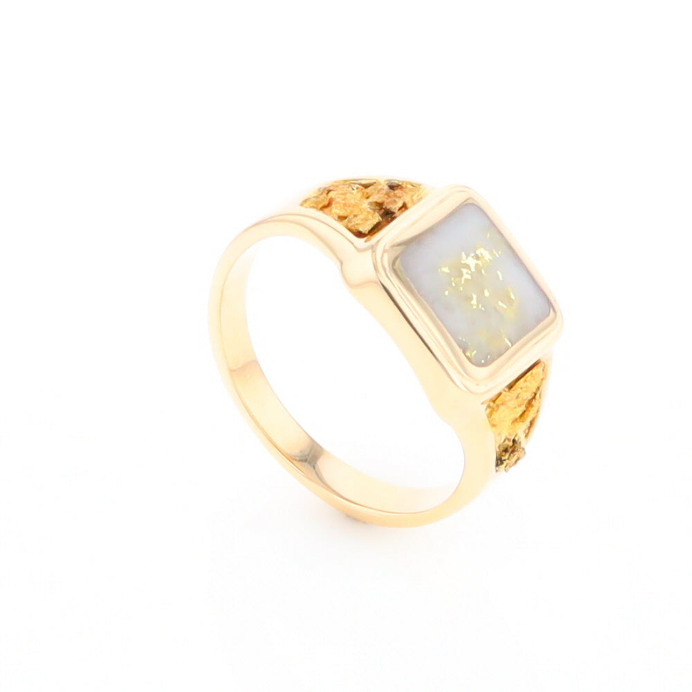 Gold Quartz Ring Square Inlaid Center Design with Natural Nugget Sides