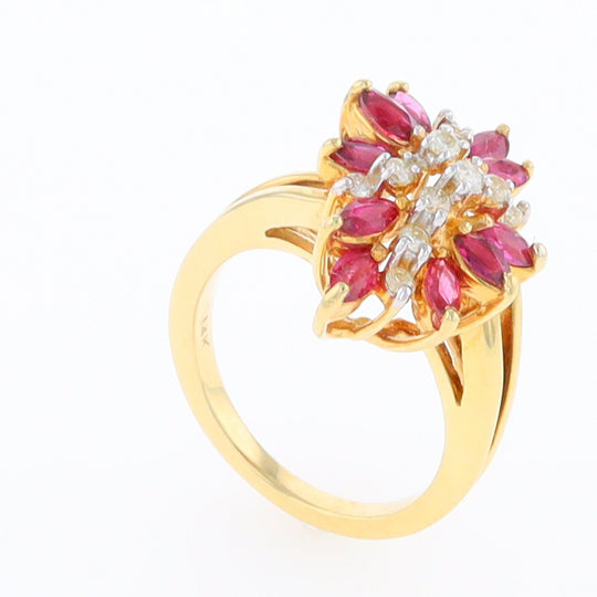 14K Gold Natural Ruby and Diamond Cluster Ring