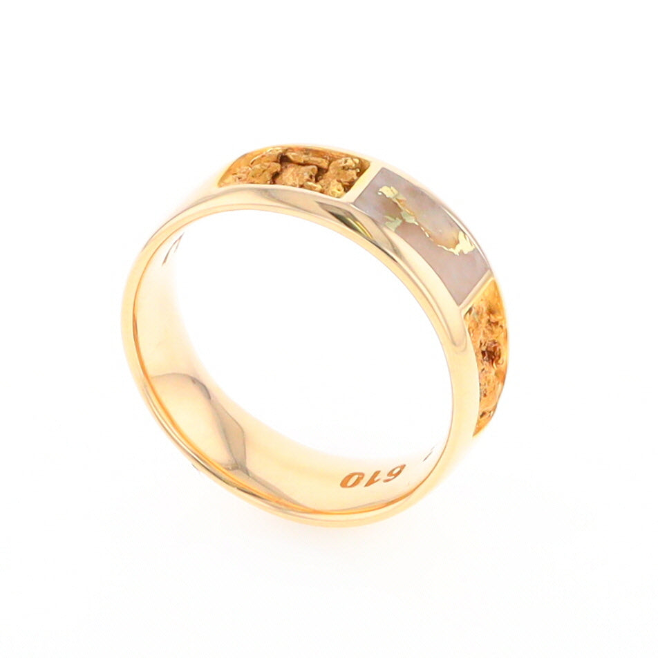 Gold Quartz Ring Rectangle Inlaid with Natural Nugget Sides