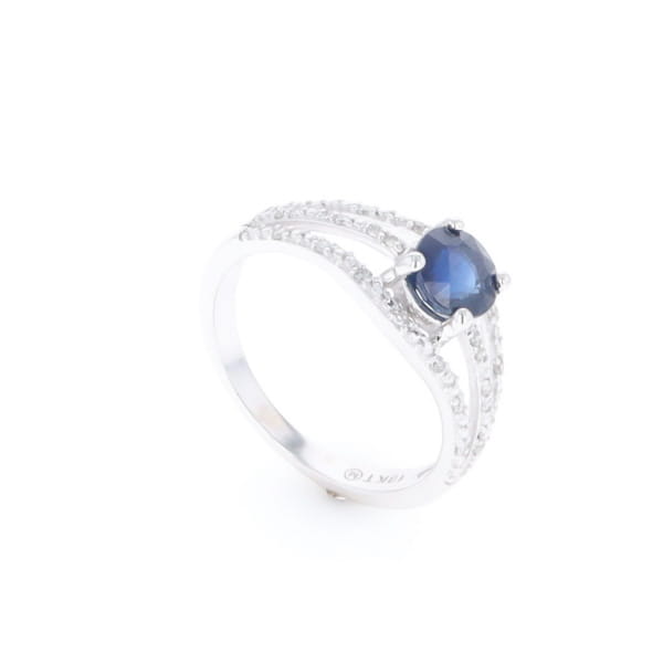 Blue Sapphire Triple Shank Ring With Accent Diamonds