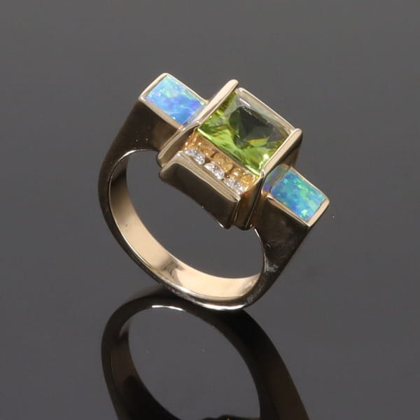 Opal Rings 2 Square Inlaid Peridot with 0.24ctw Diamonds