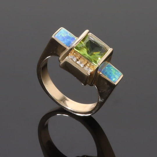 Opal Rings 2 Square Inlaid Peridot with 0.24ctw Diamonds