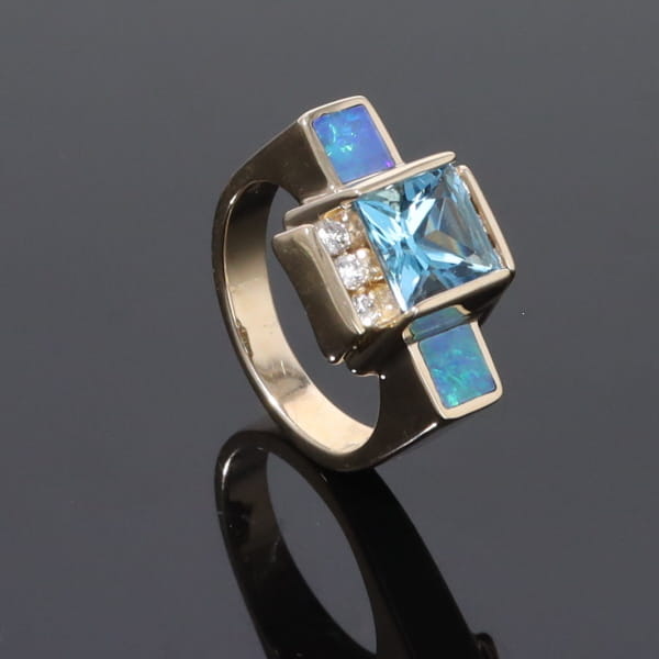 Opal Rings Inlaid Sides Swiss Blue Topaz Center with .24ctw Diamonds