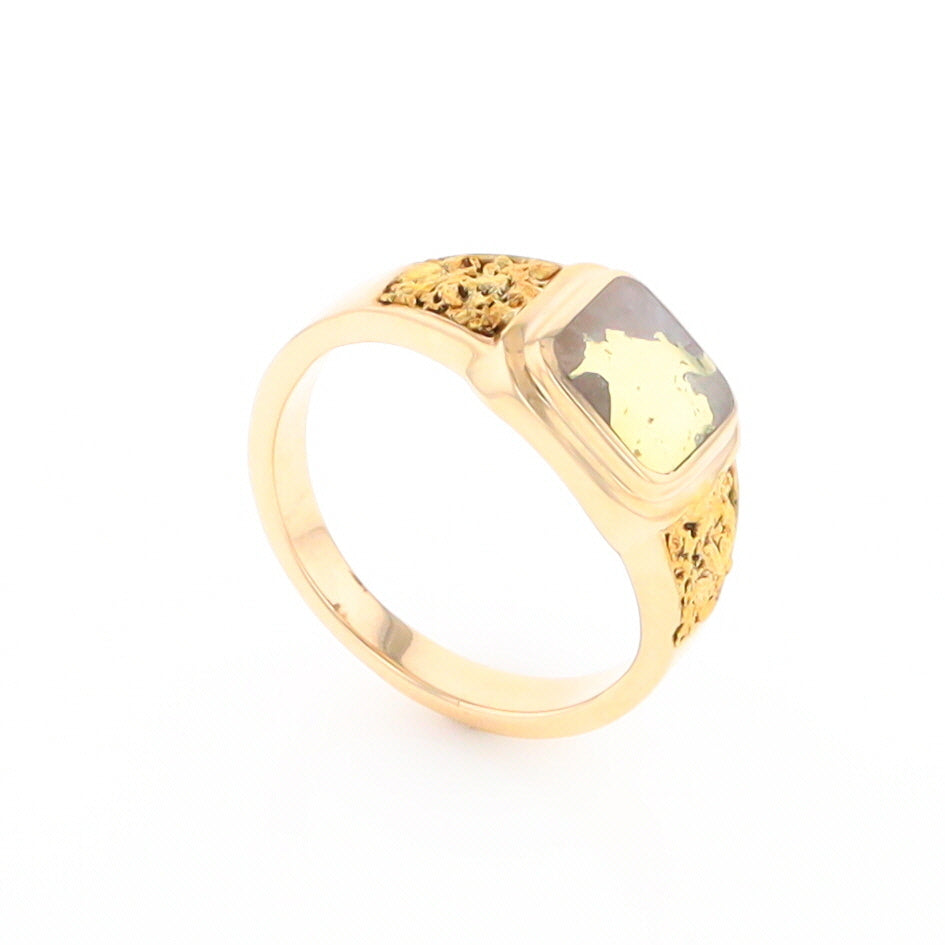 Gold Quartz Ring Square Inlaid Design Double Natural Nugget Sides