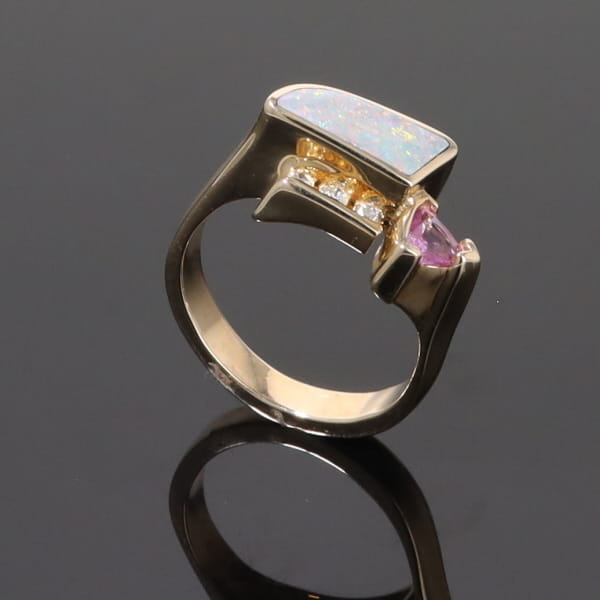 Opal Rings Geometric Inlaid with Pink Sapphire and .08ctw Diamonds