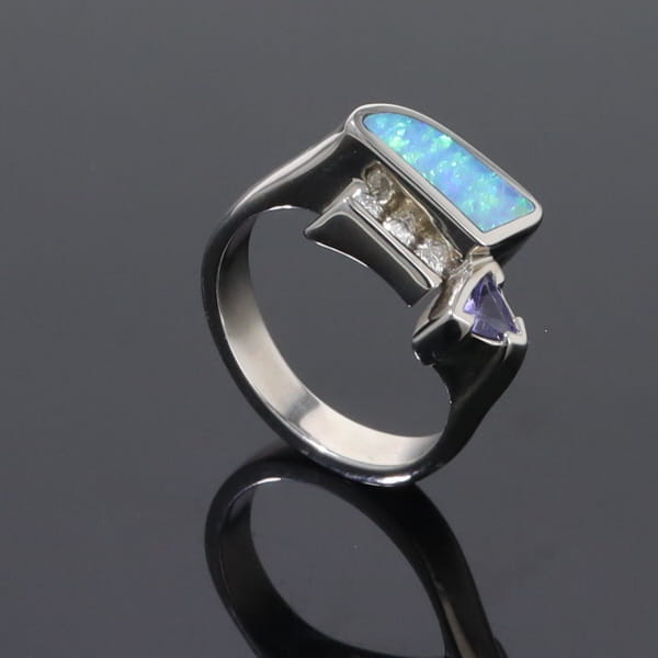 Opal Rings Geometric Inlaid Design with Tanzanite and .08ctw Diamonds