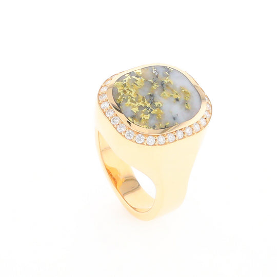 Gold Quartz Cushion Inlaid Men's Ring with Diamond Halo