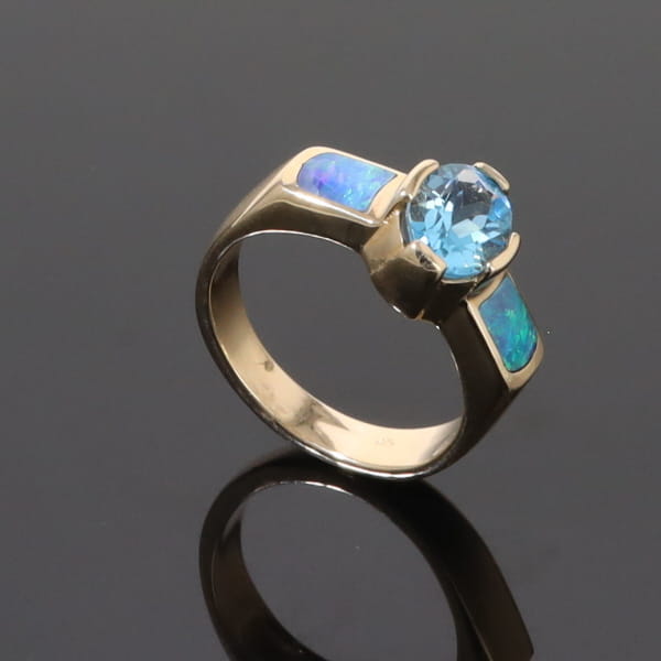 Opal Rings 2 Section Inlaid Design with Oval Swiss Blue Topaz Center