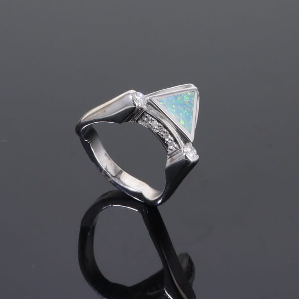 Opal Rings Triangle Inlaid Design with .31ctw Round Diamonds