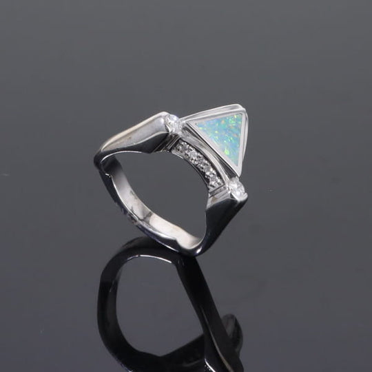 Opal Rings Triangle Inlaid Design with .31ctw Round Diamonds