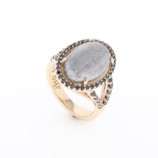 Meteorite Ring Oval Cabochon 0.65ctw Round Black Diamonds Halo