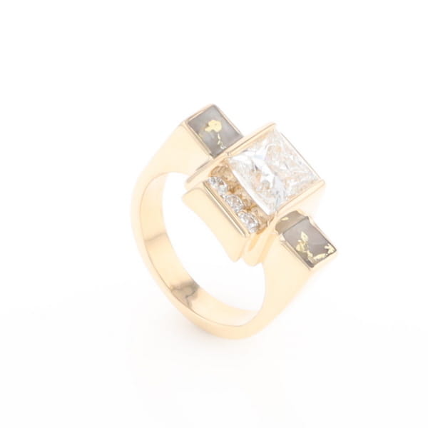 Princess Cut Diamond Gold Quartz 2-Square Inlaid Ring