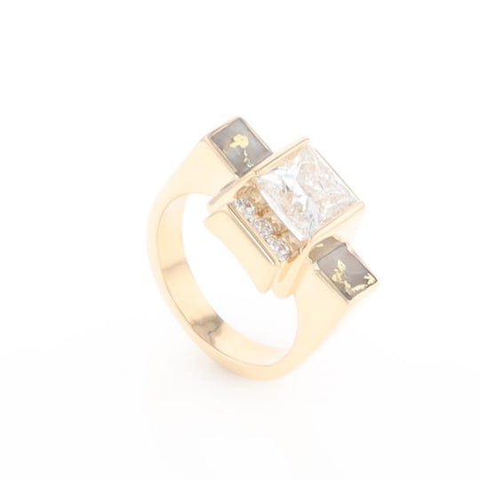 Princess Cut Diamond Gold Quartz 2-Square Inlaid Ring