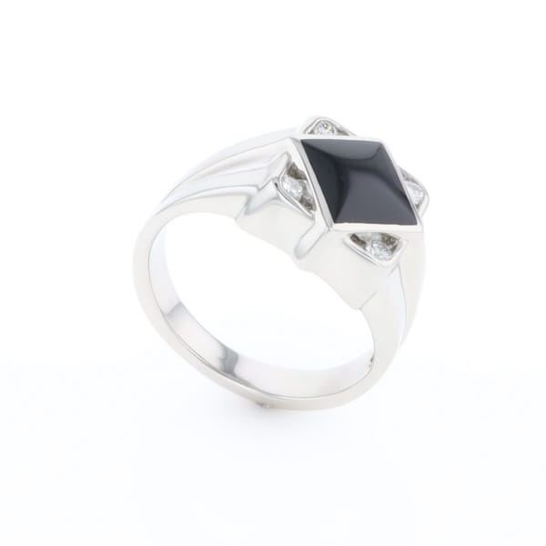 Natural onyx ring diamond shape inlaid design with .16ctw round diamonds
