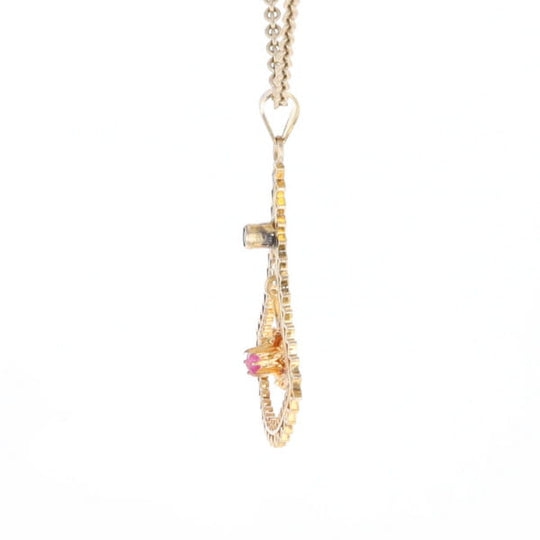 Vintage Buttercup Dangle Ruby Scrollwork Pendant