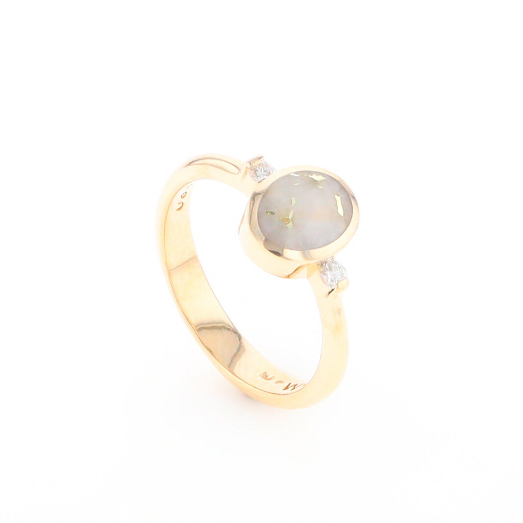 Gold Quartz Ring Oval Inlaid Design Center with .06ctw Round Diamonds