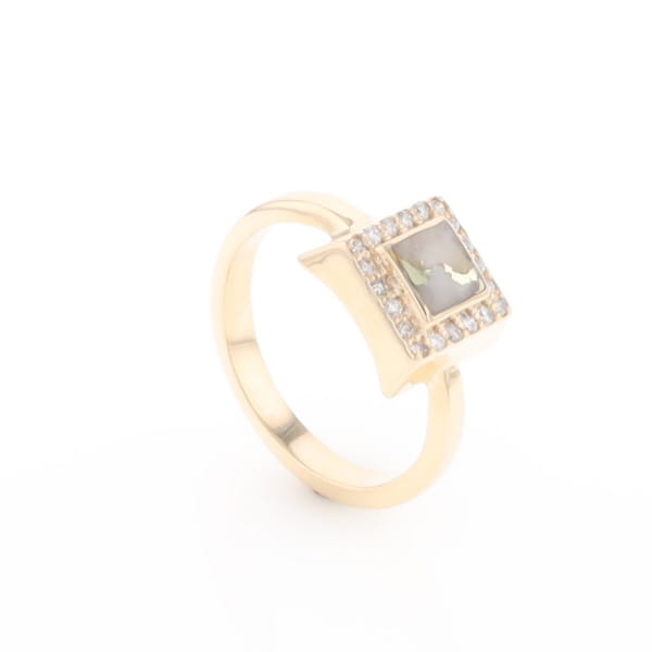 Gold Quartz Ring Square Inlaid Halo .14ctw Diamonds Design