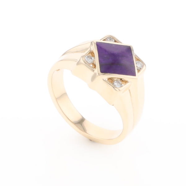 Natural Sugilite ring diamond shape inlaid design with .16ctw round diamonds