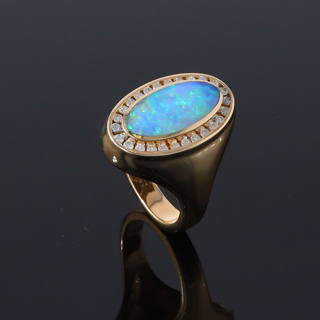 Opal Rings Oval Inlaid Design with .36ctw Round Diamonds Halo