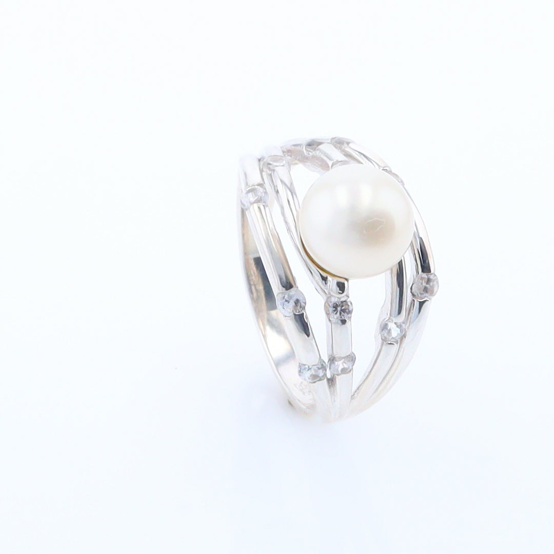 Pearl Bamboo Ring with Cubic Zirconia Accents