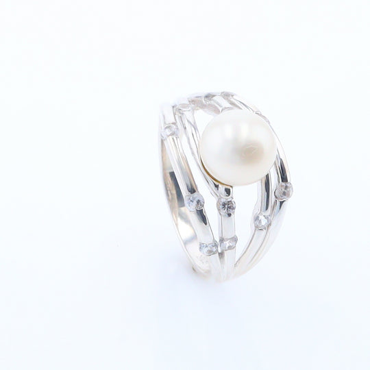 Pearl Bamboo Ring with Cubic Zirconia Accents