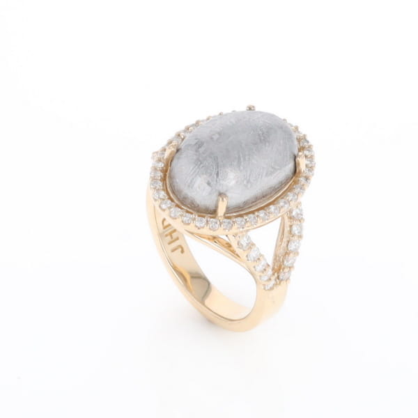 Meteorite Ring Oval Cabochon 0.65ctw Round Diamonds Halo