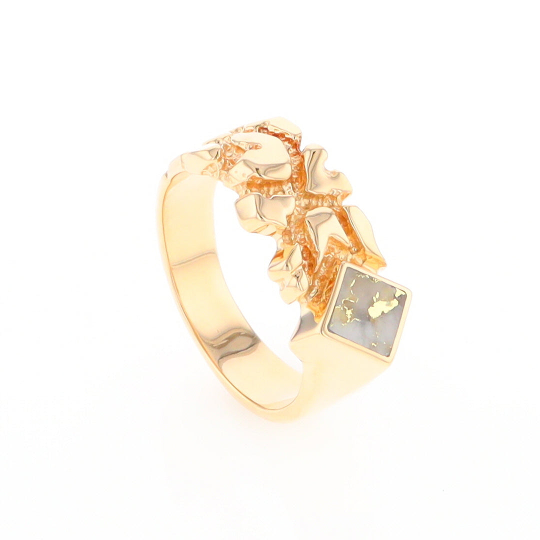 Gold Quartz Ring Diamond Shape Inlay Nugget Design Band