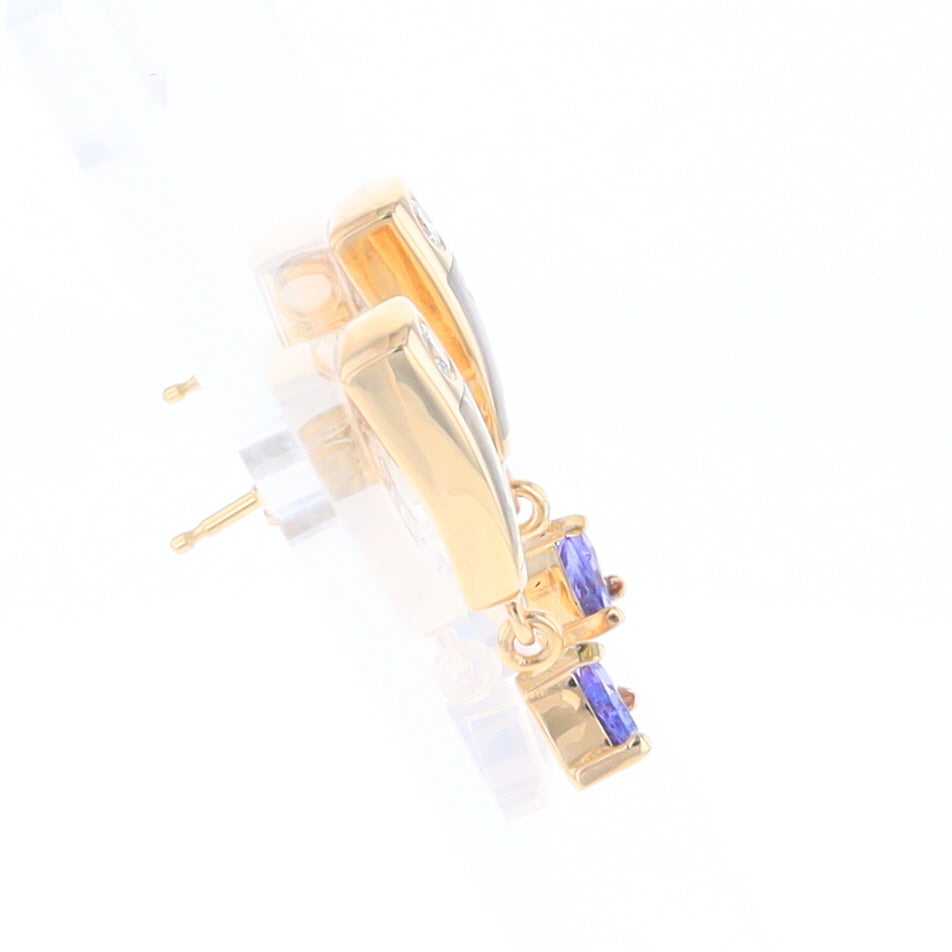 Gold Quartz Earrings Rectangle Inlaid Design with 0.11ct Diamonds & Trillion Cut Tanzanite