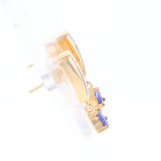 Gold Quartz Earrings Rectangle Inlaid Design with 0.11ct Diamonds & Trillion Cut Tanzanite