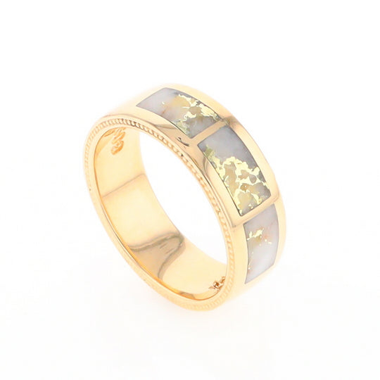 Gold Quartz Ring 3 Section Rectangle Inlaid Band with Milgrain Design